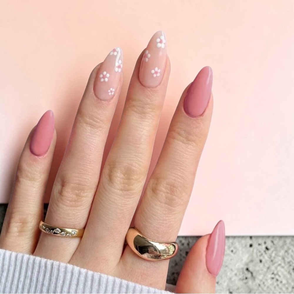 Long Almond Floral Pink Press-On Nails